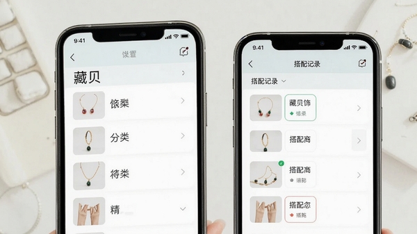 藏贝饰品管理软件界面展示,手机屏幕中呈现饰品分类列表与搭配记录页面,清新简约风格