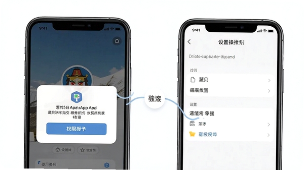 藏贝APP新手操作指引示意图,手机屏幕展示权限授予弹窗与设置界面,简洁教程风格