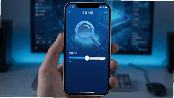 字体放大神器APP界面展示,手机屏幕显示字体大小调节滑块,界面简洁直观,带有放大镜图标,科技感蓝色调背景