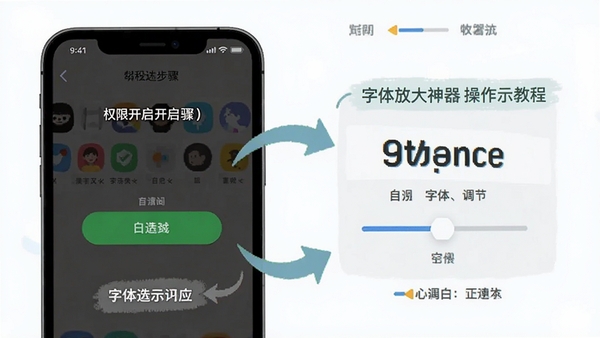 字体放大神器操作教程示意图,手机屏幕展示权限开启步骤与字体调节滑块,配有箭头指引和文字标注,清新扁平化设计风格