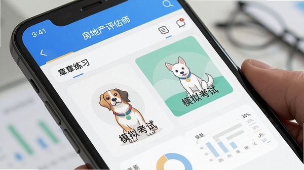 房地产评估师刷题狗软件界面展示章节练习与模拟考试功能,手机屏幕特写,简洁学习类APP风格