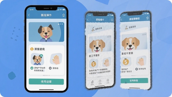 房地产评估师刷题狗安装与使用教程示意图,手机界面操作步骤,简洁扁平化设计