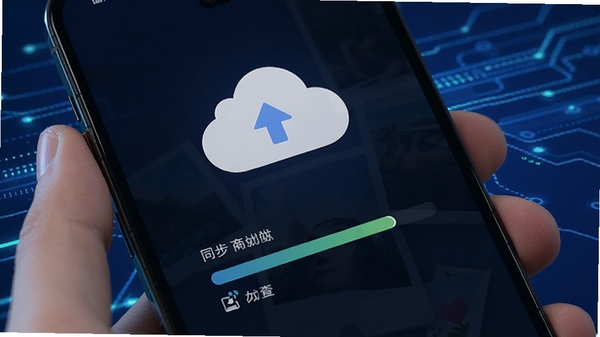 手机电子云盘相册备份功能界面展示,手机屏幕显示云朵图标与照片同步进度条,科技感蓝色调背景
