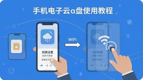 手机电子云盘使用教程示意图,展示权限设置与WiFi备份选项的操作路径,扁平化设计风格