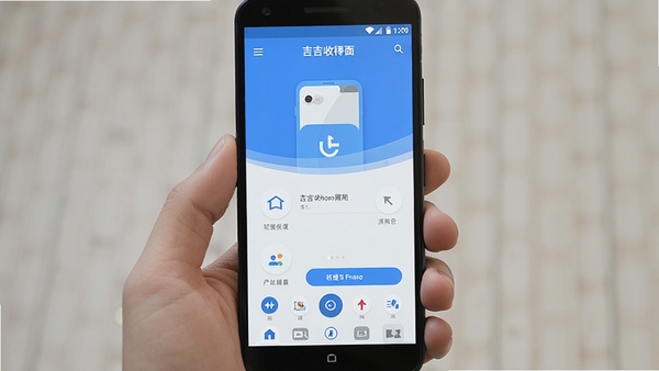 吉吉收手机应用界面展示,简洁清爽的工具类APP主页面,安卓手机屏幕,扁平化设计风格,蓝白配色,突出便捷操作与轻量体验