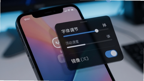 极简提词器镜像模式与悬浮窗设置界面,展示字体调节、滚动速度、镜像开关等选项,手机屏幕特写,简洁科技风格