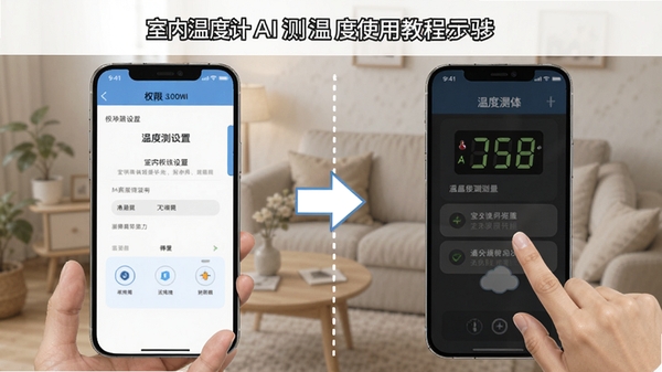 室内温度计AI测温度使用教程示意图,展示手机权限设置界面与温度测量操作步骤,简洁明了的引导风格