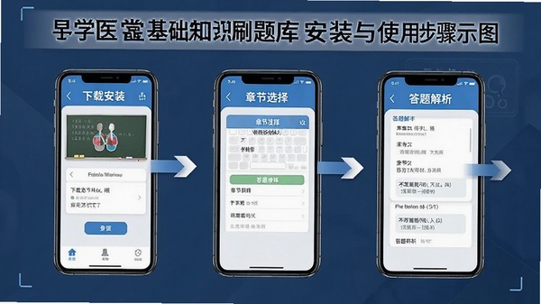 医学基础知识刷题库安装与使用步骤示意图,手机界面展示下载安装、章节选择、答题解析流程,教学风格,清晰步骤标注