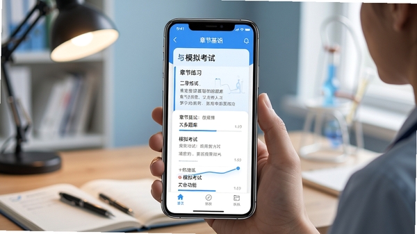 医学基础知识刷题库手机界面展示,章节练习与模拟考试功能页面,清爽蓝白配色,学习场景氛围,高清UI示意图
