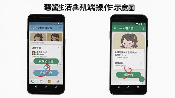 慧酱生活手机端操作示意图,展示安装权限设置与通知开启步骤,安卓手机界面,清晰标注关键按钮,教程风格配图