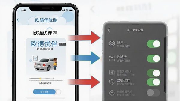 欧德优伴安装与权限设置示意图,手机屏幕展示安装界面与权限开关,配有箭头指引,风格简洁明了