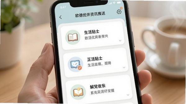 欧德优伴资讯推送页面,手机屏幕显示生活贴士卡片列表,配以柔和图标与短文本,风格清新
