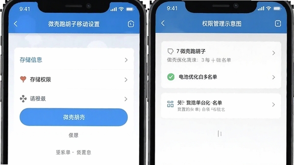 微壳跑胡子移动端设置界面与权限管理示意图,展示存储权限和电池优化白名单设置