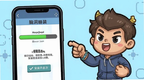 脑洞崩坏游戏安装步骤示意图,手机屏幕显示安装进度条和权限开启提示,旁边有卡通人物指引操作