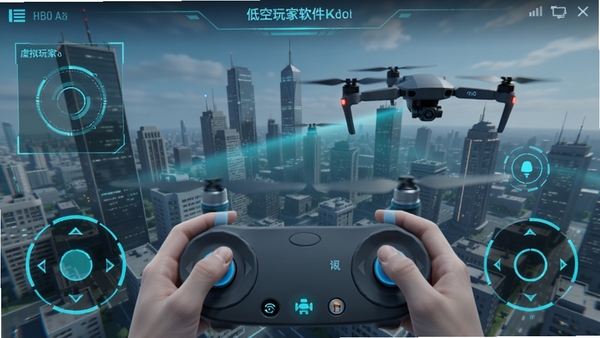 低空玩家软件中虚拟摇杆操控无人机低空飞行的界面截图,场景为城市低空,科技感UI风格