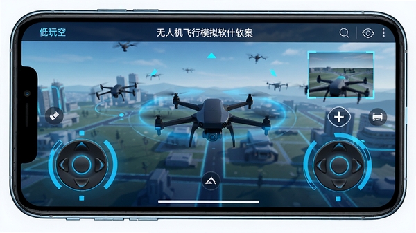 低空玩家无人机飞行模拟软件界面展示,手机屏幕中呈现虚拟摇杆与低空飞行场景,科技感蓝色调,高清产品截图风格