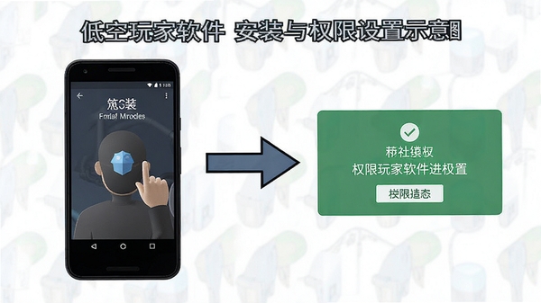 低空玩家软件安装与权限设置示意图,展示安卓手机安装界面与权限授权提示,简洁教程风格