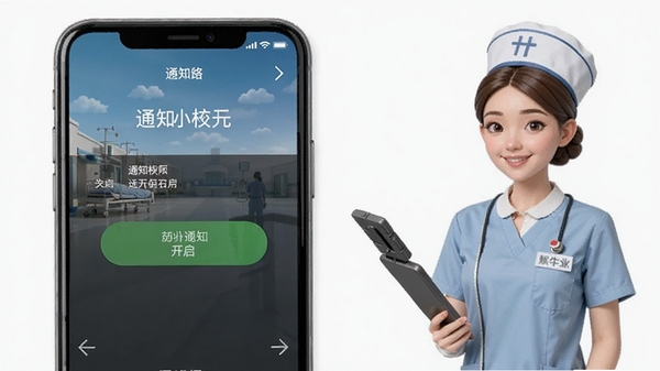 医院小护士软件在手机上的安装与权限设置示意图,展示通知权限开启界面