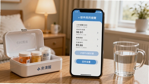 医院小护士软件用药提醒功能界面,手机屏幕显示定时提醒设置,旁边有药盒和水杯,温馨居家氛围