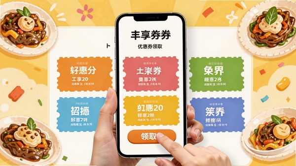 AI��ͼ��ʾ�ʣ�������ʳ�����Ż�ȯ��ȡҳ�棬����ɫ���Ż�ȯ��Ƭչʾ���ֳ��ֻ������ȡ��ť������Ϊ��ʳ�廭Ԫ�أ�������÷��