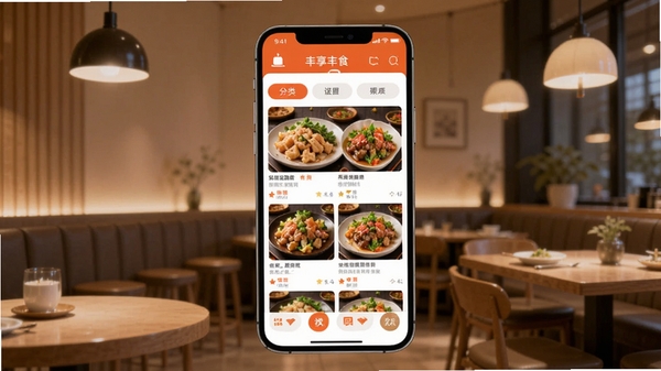 AI��ͼ��ʾ�ʣ��ֻ���Ļչʾ������ʳ������ͽ��棬��ƷͼƬ�������У������ǩ�����ɼ�������Ϊ��ܰ������������͵ƹ⣬�ִ���Լ���