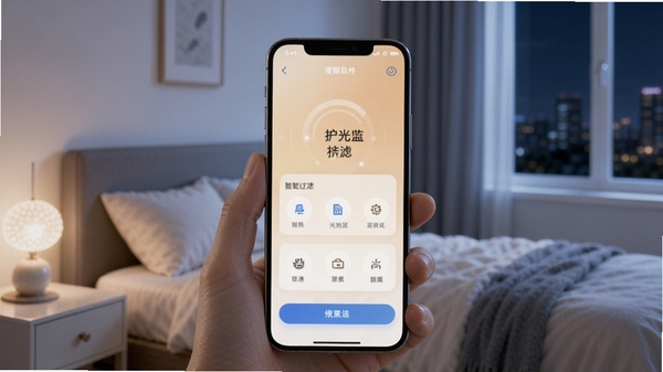 度眼软件智能蓝光过滤界面展示,手机屏幕呈现柔和暖色调,周围环境为夜间卧室,画面简洁科技感,突出护眼主题