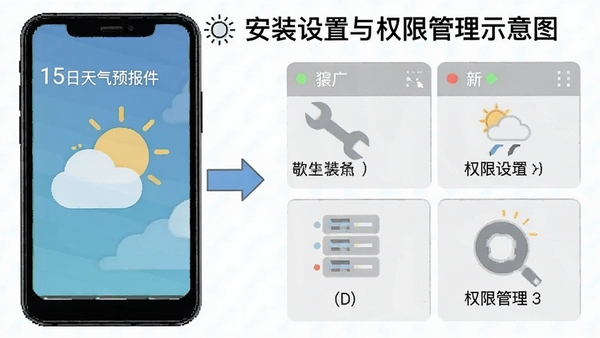 15日天气预报软件安装设置与权限管理示意图