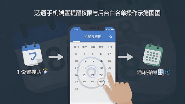 日历通手机端设置提醒权限与后台白名单操作示意图,步骤清晰,扁平化设计