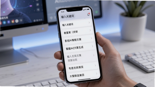 影创AI智能文案生成界面展示,手机屏幕中显示输入关键词后生成多条文案的列表,界面简洁清爽,突出AI创作氛围