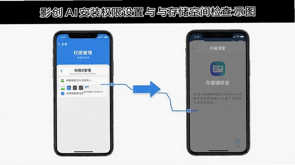 影创AI安装权限设置与存储空间检查示意图,手机屏幕显示权限管理页面与存储清理界面,风格简洁直观