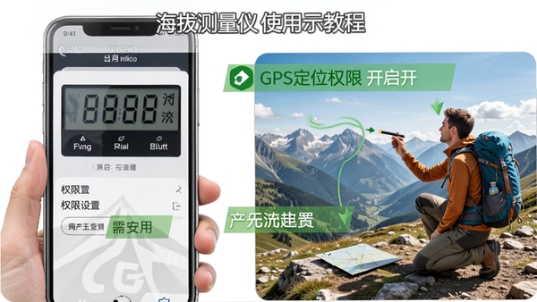 海拔测量仪使用教程示意图,展示手机权限设置界面与户外测量场景,标注GPS定位权限开启步骤