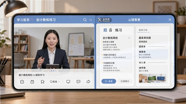 会计教练网校手机端课程学习界面展示,讲师视频与题库练习同屏,学习氛围浓厚