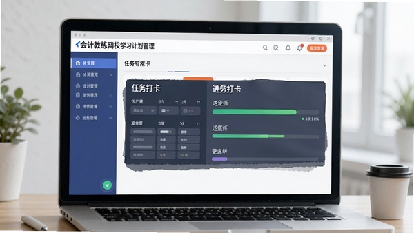 会计教练网校学习计划管理页面,任务打卡与进度条清晰呈现