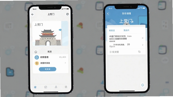 上党门软件新手安装设置界面示意图,手机屏幕展示权限管理与缓存清理页面,简洁扁平化风格