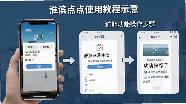 淮滨点点使用教程示意图,手机屏幕展示安装权限设置与功能操作步骤,清晰直观的图文指引风格