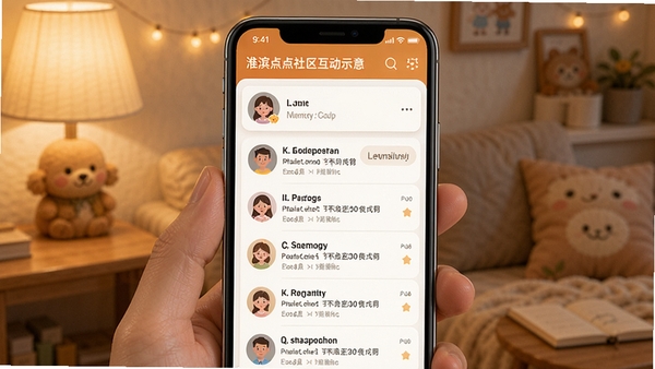 淮滨点点社区互动页面示意,用户头像与讨论列表布局,温暖友好的界面氛围,手机应用场景展示