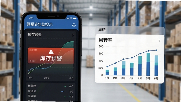 领星ERP库存监控功能展示,手机界面显示库存预警提示与周转率图表,清晰直观的数据可视化