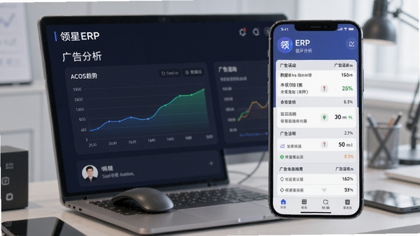 领星ERP广告分析看板,手机端显示ACOS趋势图与广告活动列表,数据驱动运营风格
