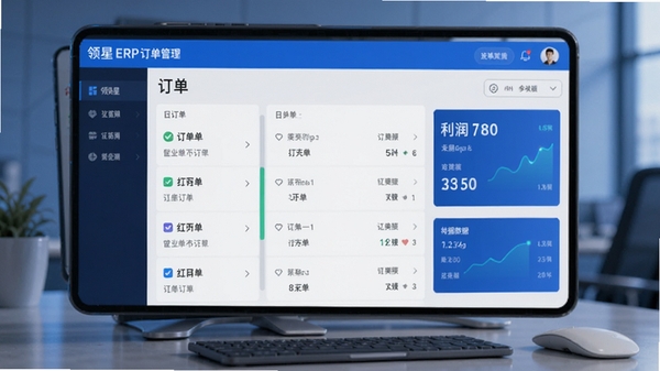 领星ERP订单管理界面展示,手机屏幕中呈现多店铺订单列表与利润数据,科技感蓝色调,简洁商务风格