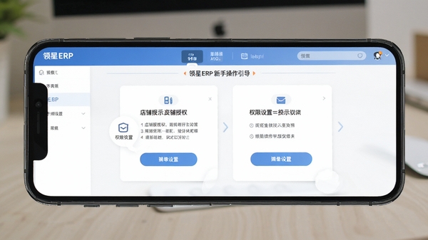 领星ERP新手操作引导界面,手机屏幕显示店铺授权步骤与权限设置提示,简洁明了的教程风格