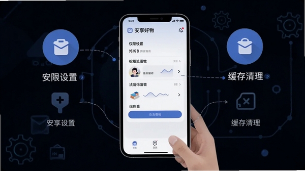 安享好物App使用教程示意图,手机界面展示权限设置与缓存清理步骤,配简洁图标标注,科技感扁平插画风格