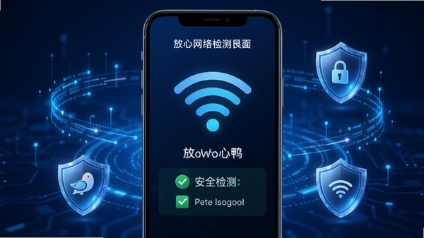 放心鸭网络检测功能界面,手机屏幕显示WiFi信号图标与安全检测结果,周围环绕数据流与防护盾牌元素,科技感蓝色背景