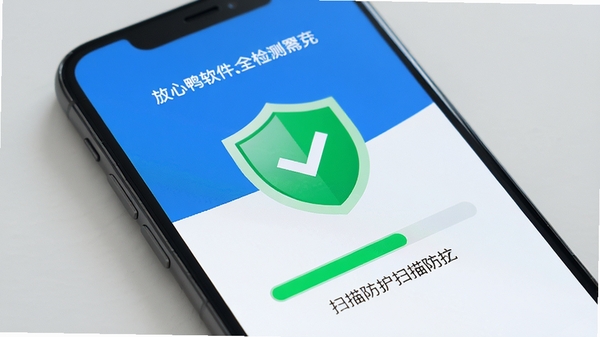 放心鸭软件安全检测界面展示,手机屏幕显示绿色安全盾牌图标与扫描进度条,背景为简洁的蓝白色调,突出安全防护主题