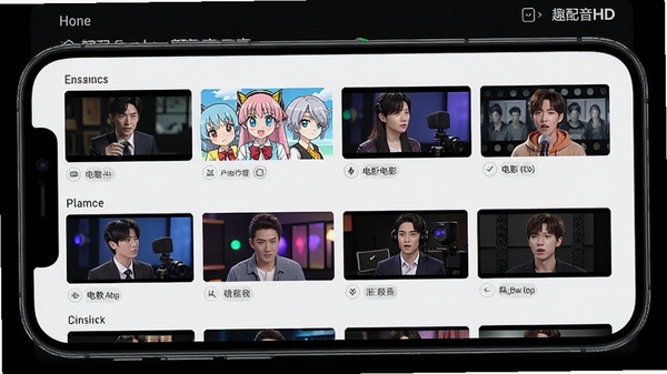 趣配音HD软件界面展示海量配音素材库,电影动漫英语片段分类清晰,手机屏幕中呈现多段可选择的配音片段缩略图
