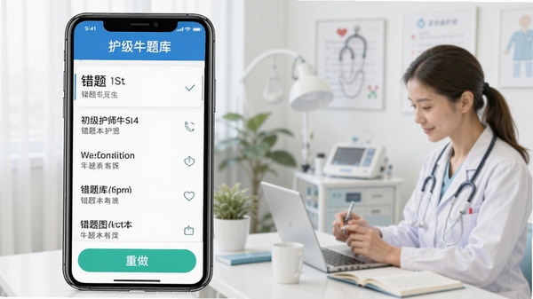 初级护师牛题库错题本功能展示图,手机屏幕显示错题列表与重做按钮,背景为护理学习场景,突出软件名称