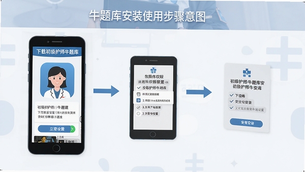 初级护师牛题库安装使用步骤示意图,手机屏幕展示下载安装与权限设置流程,简洁扁平化风格,含软件名称