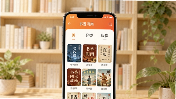 书香河南APP首页界面展示,手机屏幕中呈现电子书封面墙与分类导航栏,背景为淡雅的书架与绿植,突出数字阅读平台的清爽界面与正版资源氛围,画面明亮温暖,适合下载站配图
