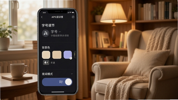 书香河南APP阅读器设置界面,手机展示字号调节、背景色选择与夜间模式开关,背景为舒适的阅读角落,突出个性化阅读设置功能