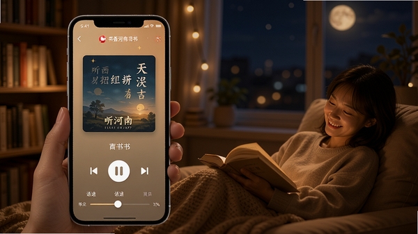 书香河南APP听书功能界面,手机展示有声书播放页,配有播放控制按钮与语速调节滑块,背景为温馨的夜间阅读场景,突出听书模式的便捷与舒适