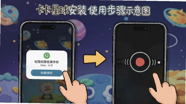 卡卡星球安装使用步骤示意图,手机屏幕展示权限授权弹窗和录音界面,卡通风格操作指引